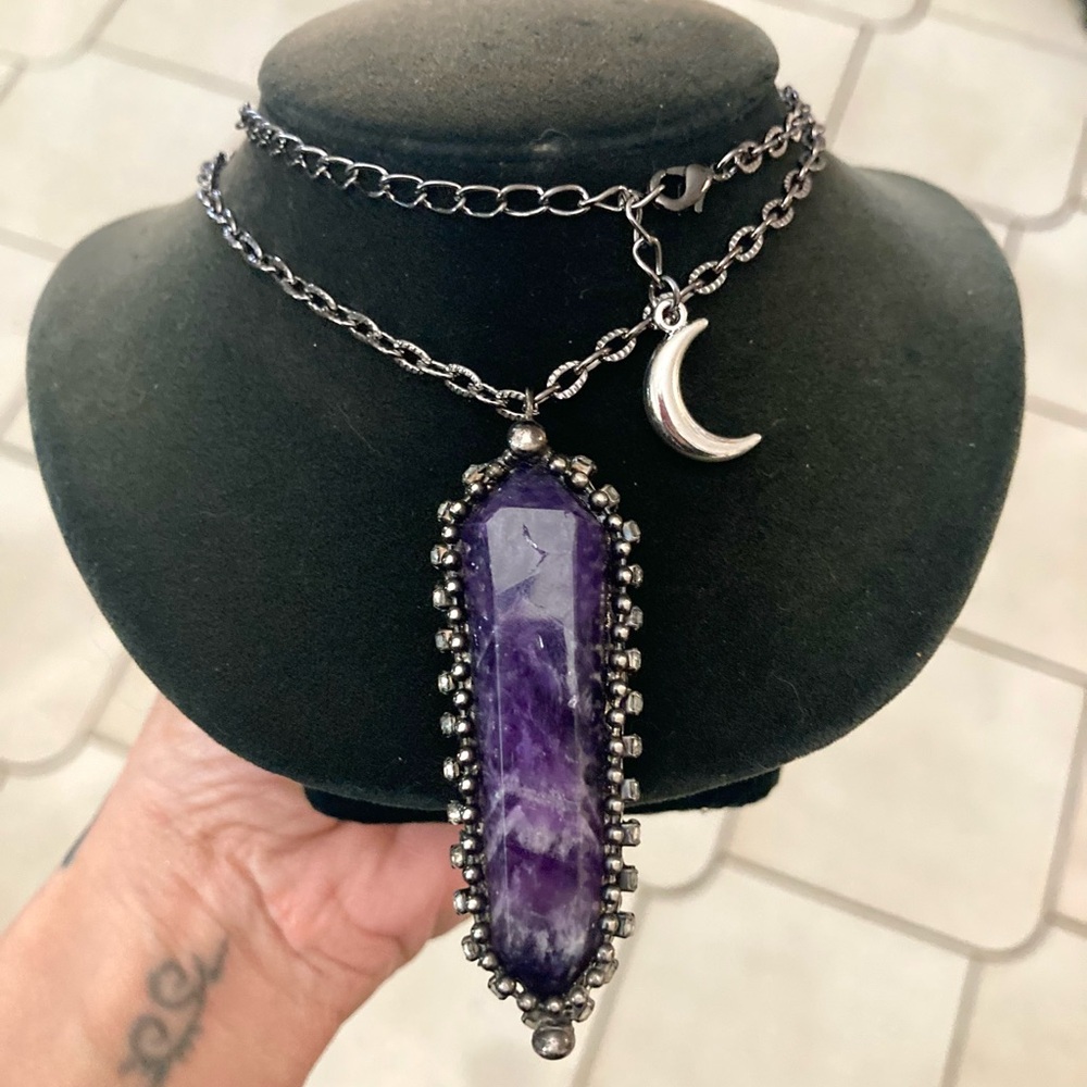 Genuine raw long amethyst crystal stone boho charm moon necklace - Picture 8 of 14